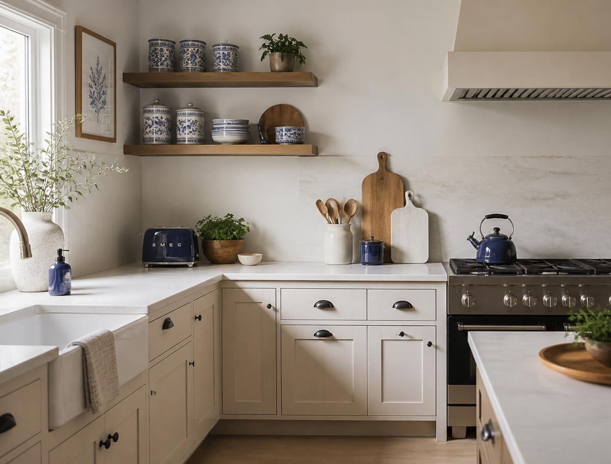 Calm kitchen with clean white surfaces, organised appliances, wooden utensils and blueprint blue accents