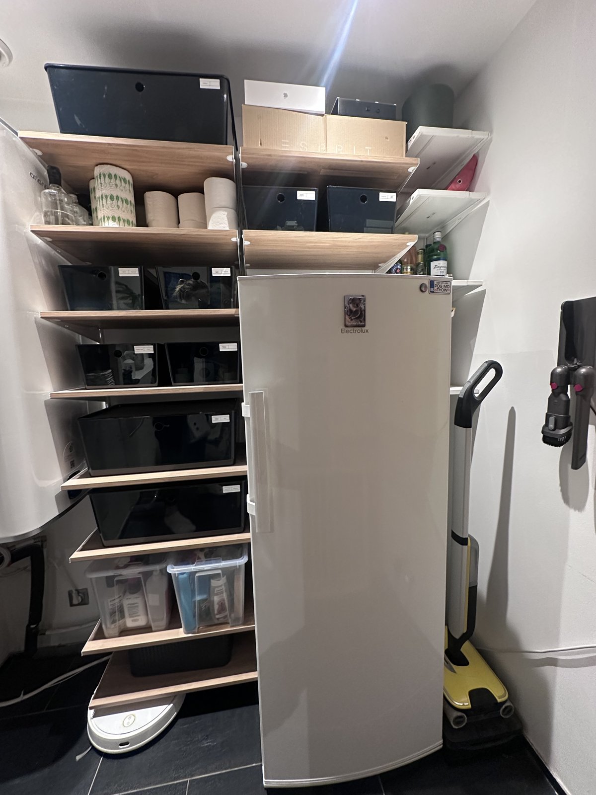 Utility room shelves with clear bins and labelled storage for everyday household items