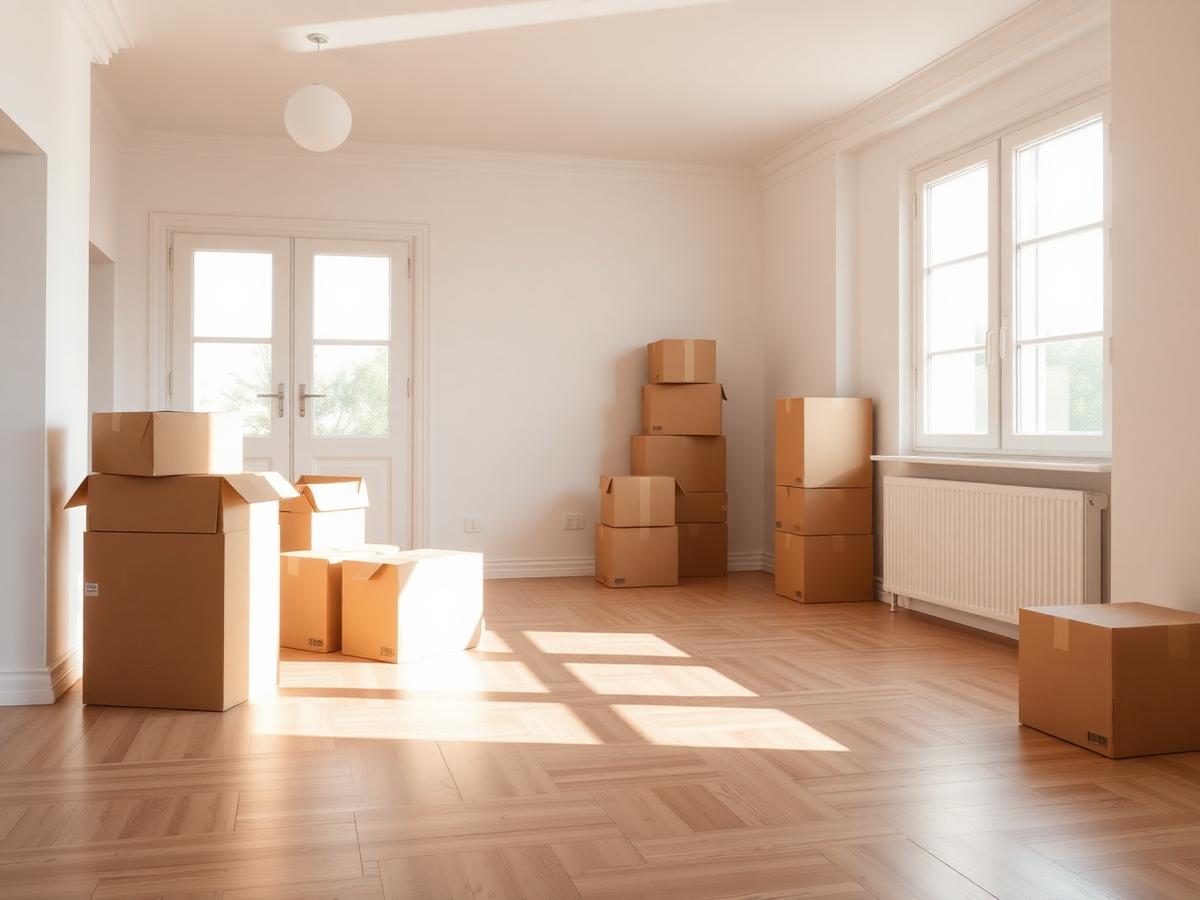 Home setup after moving, with boxes unpacked into clear organisation systems